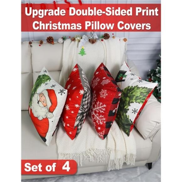 Christmas Decorations Set of 4Double-Sided Print Christmas Pillow Covers 18"x18" - Picture 2 of 7